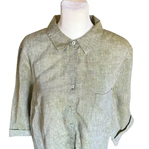 Chicos Fresh Chic Linen Shirt No Iron Women 3/XL Heathered Green Collared Button - Picture 2 of 11